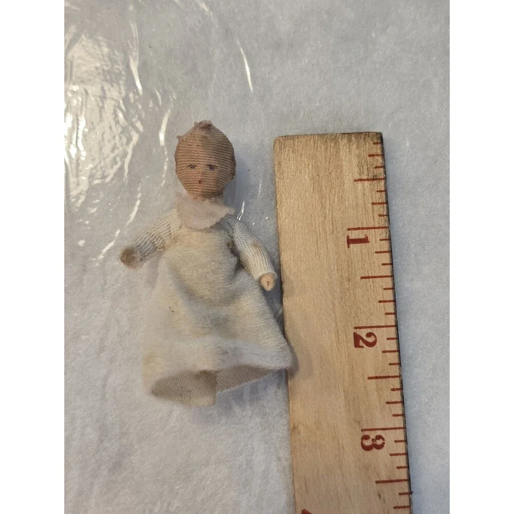 VTG Bodo Hennig Wooden Dollhouse Rocking Cradle Caco Baby & Felt Bear Nursery
